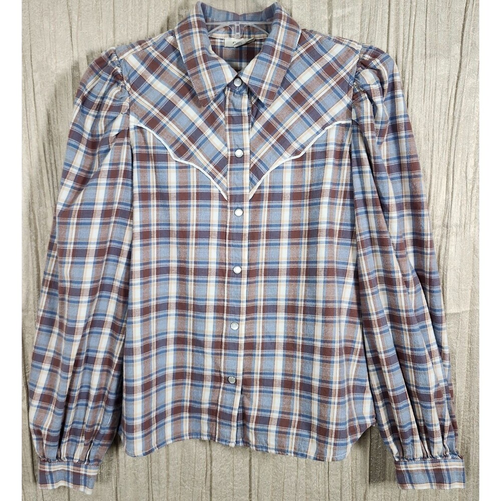 Western Snap Button Shirt Women’s Plaid Pearl Snaps Cottage Prairie Cowgirl - S